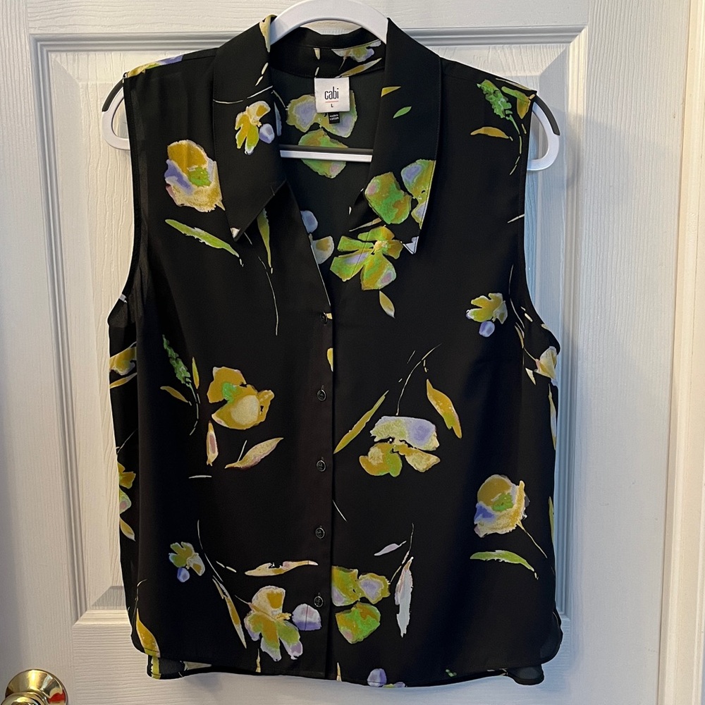 CAbi Black Floral Sleeveless Blouse